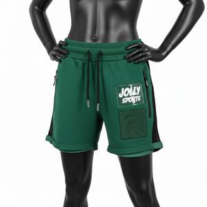 Shorts en molleton doux de coton et polyester pour femme, couleur verte, avec empiècements en mesh contrastant, poche zippée, logo personnalisé. - Product Image 1