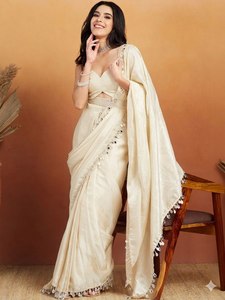 Elegante Saree de Seda Crema para Mujer, Largo hasta el Suelo, para Bodas, Vestido Tradicional Étnico de India y Pakistán, Corte Regular, para Todas las Temporadas - Product Image 2