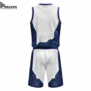 Ensemble de maillots de basket-ball personnalisés OEM sublimés, uniforme sportif technique blanc avec panneaux latéraux bleus style cyberpunk - Product Image 2