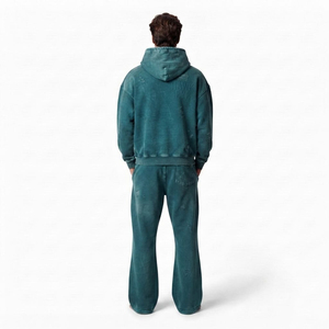 Men's Relaxed Fit Acid Wash Distressed Tracksuit Drop Shoulder Kangaroo Pocket Hoodie And <b>Wide</b> <b>Leg</b> <b>Jogger</b> Two Piece - Product Image 2