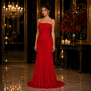Luxury Red Floral Mermaid Evening Gown for Women | Spaghetti Strap Formal Maxi Dress | Elegant Prom Party Wedding Reception Wear - Product Image 4