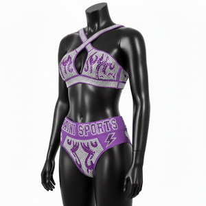 Ensemble de bikini de luxe en nylon extensible GSM avec panneaux en strass cristal, taille haute, violet, logo personnalisé pour femme - Product Image 4