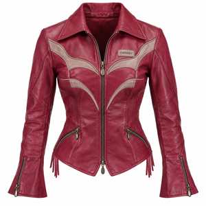 Women Real Leather <b>Jacket</b> Magenta Berry Beige Wing Panel Flare Sleeve Asymmetric Hem <b>Fringe</b> Custom Vendor Offer Services - Product Image 1