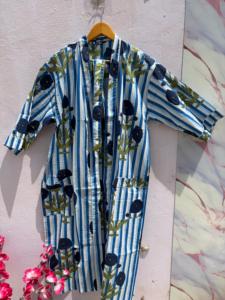 Bata Kimono de Algodón con Estampado Floral y Rayas Azules para Mujer, Túnica de Playa, Bata de Verano, Bata de Dama de Honor, Bata de Spa, Ropa de Dormir - Product Image 2