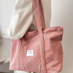 Sac fourre-tout rose côtelé en velours côtelé pour femme – Idéal pour le shopping, l'école, le travail – Sac à bandoulière en coton – Sac de courses – Meilleur prix - Product Image 1