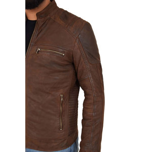 Chaqueta de cuero con forro de viscosa acolchado, cremallera, color marrón, logotipo personalizado al por mayor, chaqueta de cuero auténtico a prueba de viento, chaqueta descolorida para hombre - Product Image 6