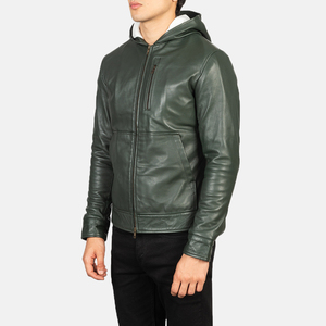 <b>Men's</b> High Quality Genuine Leather Hooded Biker <b>Jacket</b> <b>Long</b> Sleeve Winter Motorcycle Windproof Eco-Friendly OEM Service Front - Product Image 2