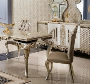 Ensemble de table à manger en teck massif blanc doré de luxe, meubles de salle à manger classiques européens sculptés, fabriqués en Indonésie - Product Image 6