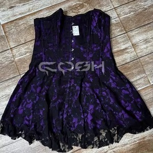 Corset bustier gothique en satin violet de luxe, très tendance, avec superposition de dentelle noire, mini-robe pour soirées mode - Product Image 1