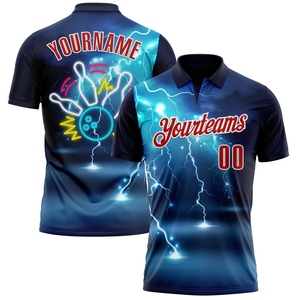 Wholesale Direct industry Best Selling Custom Navy Red-White 3D <b>Bowling</b> Lightning Performance Polo Shirt - Product Image 1