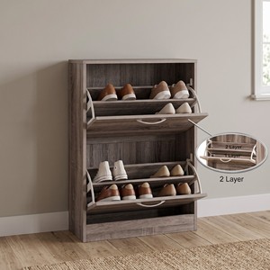 Meuble à chaussures moderne 2524 en bois, fin et inclinable, avec 2 tiroirs rabattables, gain de place, pour entrée, salon, atelier, organisateur de rangement - Product Image 1