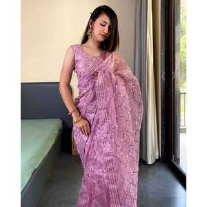 Saree ผ้าชีฟองดีไซเนอร์กับ zari dori และขอบลูกไม้ปัก - Product Image 2