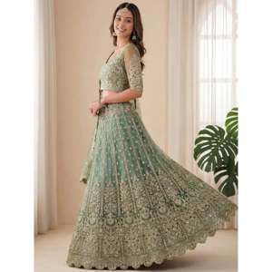 Girls Ethnic Embroidered <b>Green</b> Lehenga Choli in Soft <b>Net</b> with Customized Design - Product Image 6