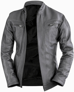 Veste de motard en cuir véritable marron pour homme, col montant, fermeture éclair, coupe ajustée, manches classiques, pour l'automne - Product Image 6