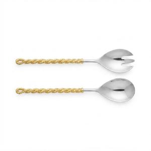 Juego de Servidores de Ensalada Ecológicos de Acero Inoxidable en Espiral, Tenedor y Cuchara con Mango de Cuerda Dorada, Aptos para Lavavajillas, Utensilios para Servir Ensaladas - Product Image 1