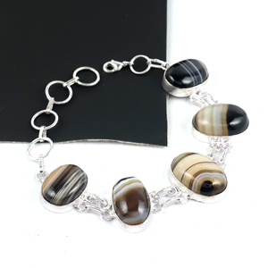 Bracelet à maillons en agate rayée naturelle, best-seller, ovale, en argent sterling 925 plaqué, bijoux faits à la main, tendance pour femmes - Product Image 2