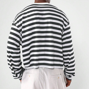 New Arrival Basic Style Solid Long Sleeve Men's Summer Casual Crew Neck Hip Hop Plus Size 100% Cotton Striped Shirt Men - Product Image 2