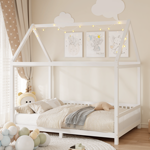 Letto a capanna a LED bianco per bambini, in legno, con sponda di protezione, misura Full Size - Product Image 4