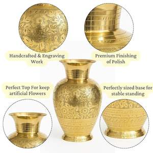 Jarrón de suelo de latón hecho a mano, moderno, con grabado Meenakari, acabado pulido, adornos de cristal, ecológico, alto, para decoración del hogar u oficina - Product Image 3
