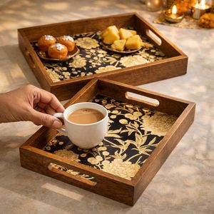 Plateau de rangement rectangulaire en bois avec doublure florale, design empilable, style moderne et luxueux, finition polie, compatible lave-vaisselle, pour usage en cuisine - Product Image 5