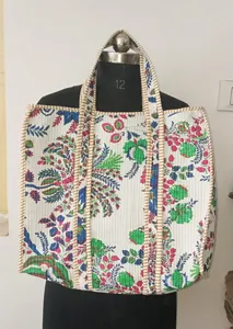 Premium <b>White</b> Cotton Tote <b>Bag</b> with Floral Print Bohemian Style Summer Casual Zipper Shopping Handbag for Women - Product Image 5