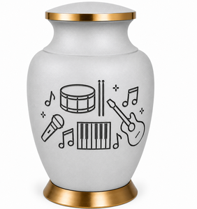 Urna Funeraria Moderna para Adultos con Temática Musical en Blanco Perla, con Grabado Elegante de Guitarra y Notas Musicales para Cenizas Humanas - Product Image 3