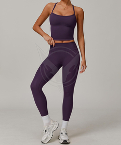 Ensemble de yoga 2 pièces violet uni tendance avec leggings taille haute et bretelles croisées, col carré, tenue de fitness pour femme - Product Image 5