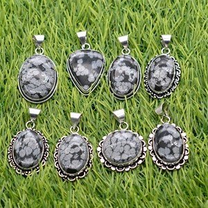 Colliers avec pendentif ovale en obsidienne flocon de neige naturelle, 5 pièces, plaqué argent 925, serti de pierres, bijoux vintage chrétiens unisexes - Product Image 2