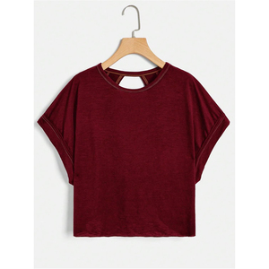 Camiseta Corta de Mujer, Color Borgoña Sólido, Cuello Redondo, Manga Corta, Ajuste Holgado, Tejido Transpirable, Informal, para Primavera/Verano, Gimnasio - Product Image 1