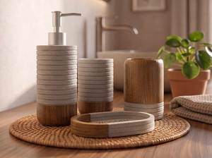 Ensemble d'accessoires de salle de bain en bambou, 6 pièces, distributeur de savon, porte-brosse à dents, plateau, porte-brosse de toilette, écologique - Product Image 2