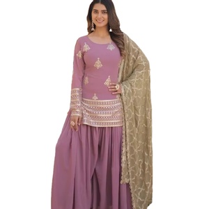 Dernier Designer Faux Georgette Avec Paillettes & Fil Brodé Travail Palazzo Suit Par Fab Zone - Product Image 1