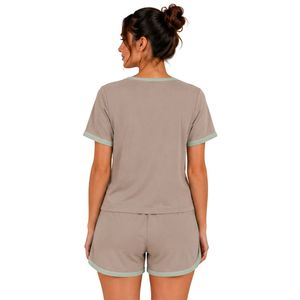 Taupe And Mint Women Two Piece Shorts Set Round Neck Button <b>Top</b> Geometric Print Casual Summer Cotton Lounge Wear Outfit Custom - Product Image 2