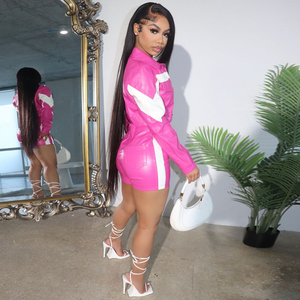 Women Zip <b>Long</b> Sleeve Embroidery Jacket and Skinny High Stretch PU Leather Shorts Outfits Fashion <b>Matching</b> Two Piece Sets - Product Image 2