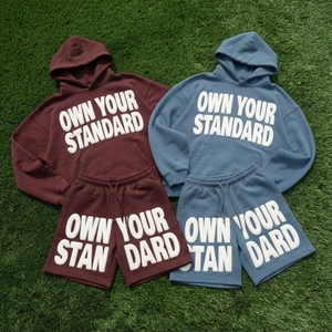 Custom Men's Vintage Two Piece Winter <b>Polyester</b>/Cotton Fleece Breathable Sweatsuit Track <b>Short</b> Set Puff Printing Hoodie <b>Shorts</b> - Product Image 1