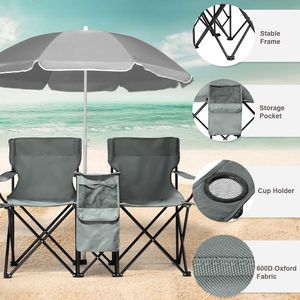 Sedia Pieghevole da Esterno a 2 Posti con Ombrello Rimovibile per Spiaggia, Campeggio, Pesca, Grigia - Product Image 4