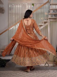 Contemporary Blooming Georgette Anarkali Costume With <b>Sequins</b> <b>Art</b> Dupatta And Tailored Pant Festive Heritage Apparel Women - Product Image 5
