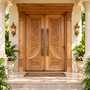 Puertas Dobles de Entrada de Madera Maciza Tradicionales con Diseño Tallado para Uso Exterior - Product Image 1
