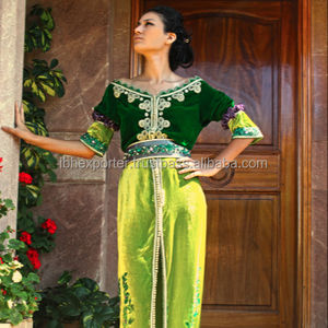 Slim Fit Young Muslim <b>Women</b> Green <b>Velvet</b> Fabric Caftan <b>Dress</b> With Half Sleeves Embroidery and Stone Work - Product Image 1