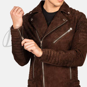 Veste de motard en cuir suédé marron pour homme, manches côtelées matelassées, véritable peau de mouton, coupe ajustée, automne-hiver - Product Image 1