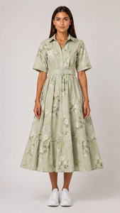 Floral Print 100% Cotton Natural Waist Pleated Midi <b>Dress</b> with Belt A-Line Short Sleeve V-Neck Women's Casual <b>Spring</b> <b>Dress</b> - Product Image 2