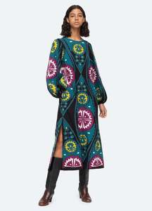 Vestido maxi bohemio con estampado geométrico, manga larga, cuello redondo, corte holgado, tejido de tela, para mujer, para todas las estaciones, ropa informal, 100% algodón. - Product Image 1