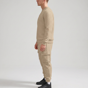 AL SWANS INTERNATIONAL <b>Men's</b> Waffle Knit Crew Neck Sweatshirt Set Beige Casual Winter <b>Joggers</b> Two Piece Outfit <b>Thermal</b> - Product Image 2