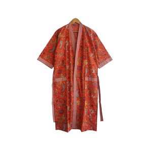 Robe Kimono en Coton Orange Durable pour Femme, Col en V, Manches Longues, Bordure Contrastante, 2 Poches, Faite à la Main, Longue Robe de Nuit et de Détente - Product Image 1