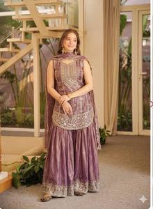 Ensemble Sharara en soie Fendy entièrement cousu avec Kurti brodé de sequins et Dupatta, tenue de soirée de mariage longue pour femme - Product Image 1