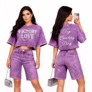 Conjunto de Top Corto Gris Lavado y Pantalones Cortos de Mezclilla para Mujer, Estilo Vintage, Casual, Veraniego, Conjunto de Dos Piezas - Product Image 4