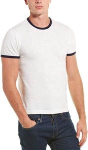 T-shirt blanc à manches courtes pour homme avec bordure contrastante rouge, coupe classique, jersey décontracté en coton, col rond, couleur unie - Product Image 4