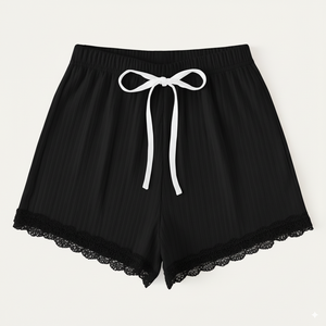 Hot Sales Women High Breathable Ribbed Knit <b>Lace</b> Trim Drawstring Shorts Stylish Lounge Shorts <b>Elastic</b> Custom Design Clothing - Product Image 2