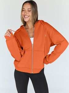 Sudadera con capucha naranja para mujer, con cremallera, manga larga, tejida, transpirable, holgada, de color liso, para otoño, con diseño de bolsillos - Product Image 3