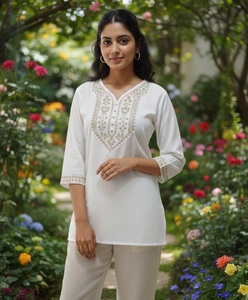 New White Embroidered Women's Short Slub Cotton Indian Pakistani Ethnic Modern Design Knee-Length Recycled Materials Fancy Wear - Product Image 1