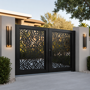Puerta de entrada doble moderna de metal negro con un intrincado patrón cortado a láser y un elegante estilo exterior residencial contemporáneo. - Product Image 5